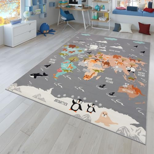 TT Home Kinderteppich Babyzimmer Teppich Kinderzimmer rutschfest Tiere Weltkarte Autos, Farbe:Grau Blau Braun, Größe:80x150 cm