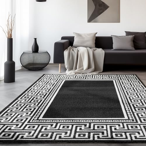 SIMPEX Teppich Wohnzimmer 120x170 cm Schwarz Modern Mäander Design Kurzflor Schlafzimmer Esszimmer Küche Jugendzimmer Waschbar Pflegeleicht Extra Weich