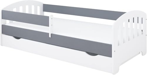 Kids Collective Kinderbett 80x160 | 80x180 | 90x200 cm mit Matratze, Schublade, Rausfallschutz & Lattenrost in grau 80x180 cm Mädchen Jungen Bett | von 3. bis 12. Lebensjahr