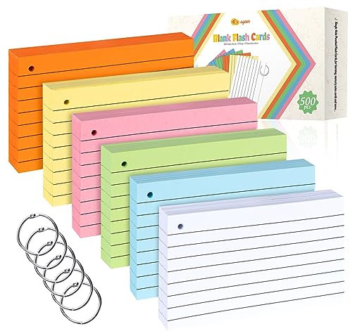 Agoer 500 Stück Karteikarten, 76x127mm Linierte Karteikarte mit 6 Metall-Ring, 150g/m² Vokabelkarten Bunt für Büro, Schule, Zuhause, Lernen Notizen (6 Farben)