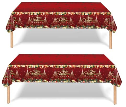 2 Pack Christmas Table Cloth, 137x274cm Rectangle Large Plastic Tablecloth Holly Santa Party Tableware Decorations, Red Xmas Tablecovers for Winter Holiday Xmas Party Dinner Table Cloths