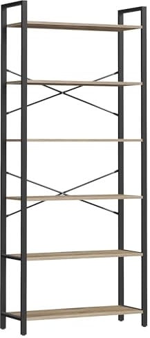 VASAGLE Bücherregal 6 Ebenen, Standregal mit Stahlrahmen, freistehendes Regal, Wohnzimmer, Schlafzimmer, Arbeitszimmer, 30 x 80 x 186 cm, Industrie-Design, kamelbraun-tintenschwarz LLS082B50