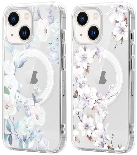 Xylota 2 Stück Magnetisch Hülle für iPhone 14/iPhone 13 6.1'' [Kompatibel mit MagSafe], Aesthetic Blumen Muster Mädchen Design Klare Handyhülle, TPU Stoßfeste Transparent Schutzhülle für iPhone 13