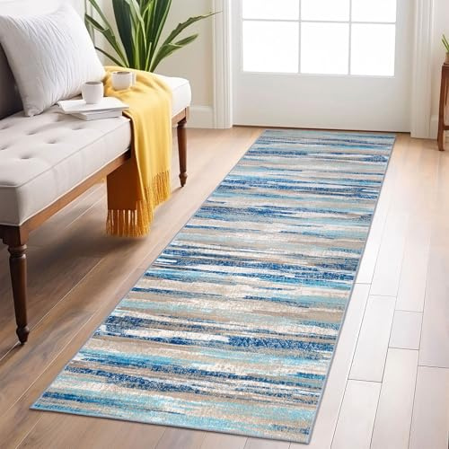 Lansny Abstract Runner Rug 2x6, Blue Washable Hallway Runner Rug Non-Slip, Soft Printed Kitchen Runner, Thin Faux Wool Runners for Hallways, Modern Floor Carpet for Entryway Bedroom Hall Indoor