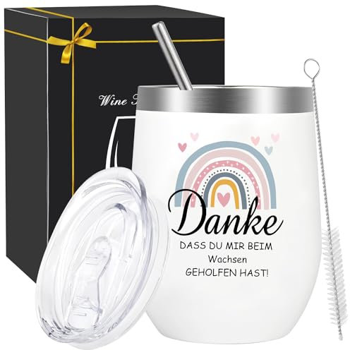 KKSJK Abschiedsgeschenk Erzieherin, Lehrerin Geschenk Kaffeebecher Edelstahl, Danke Dass Du Mir Beim Wachsen Geholfen Hast Weinbecher mit Deckel, Stroh und Strohhalmpinsel