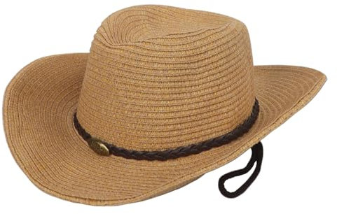 Unisex Cowboy Straw Hat Vintage Cowgirl Bucket Cap Classic Western Style Wide Brim Fedora Visor Summer Beach Cap Outdoor Sun Protection Hat with Decorative Hatband Khaki