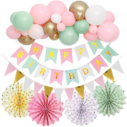 Pink Birthday Party Decorations,Pastel Happy Birthday Banner,Balloons Garland With Balloon Arch Tape, Bunting And Hanging Paper Fans,Party Decoration Kit For Girls Baby Shower Photo Backdrop Supplies