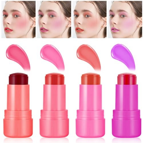 4Stück Jelly Lippenstift, Feuchtigkeitsspendende Face Cream Blush Natürliche Rouge 3-IN-1 Multi Stick für Wangen Lippen Augen,6.5g(01+02+03+04)