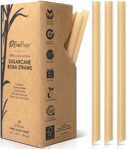 EcoPreps Extra-Wide Sugarcane Boba Straws, Biodegradable Smoothie Straws | 50 PCS | 100% Compostable, Plastic-Free, Eco-Friendly Large Wide-Mouthed Straw | 8.25” Long, Jumbo Sugarcane Disposable Straw
