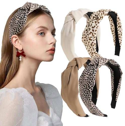 EUDUQ 4 Stück Haarreifen Damen,4 Farben Stirnbänder für Damen,Retro Style Haarband,süßes Haarschmuck,Leopardenmuster Haarreifen,Haarreif breiter Knoten für Frauen und Mädchen