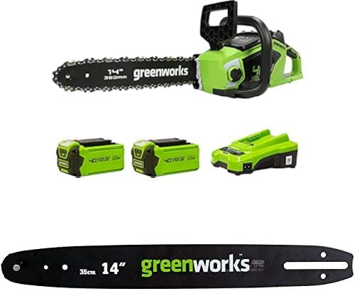 Greenworks Motosega a Batteria con Motore Brushless, Lunghezza Barra 14 Pollice (35cm), 2 Batterie da 40V 2Ah e caricabatterie + Greenworks 35cm Barra