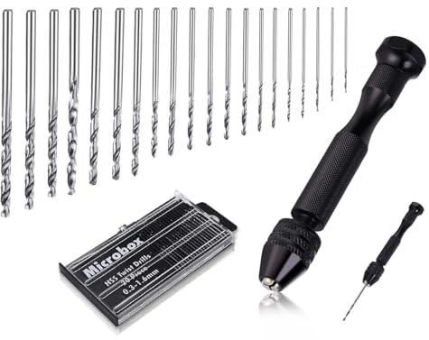 Lhbwhiz Juego de 21 taladros de mano,mini tornillo de banco para taladro,broca helicoidal,taladro de mano helicoidal,minitaladro, taladro de madera,para modelismo(negro,0.3-1.6 mm)