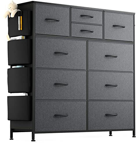Buluri Kommode mit 10 Stoffschubladen, Komodenschrank mit Seitentaschen und Haken, Holzplatte und Metallrahmen, Stoffkommode für Schlafzimmer, Wohnzimmer, Flur, Kinderzimmer (Dunkelgrau)