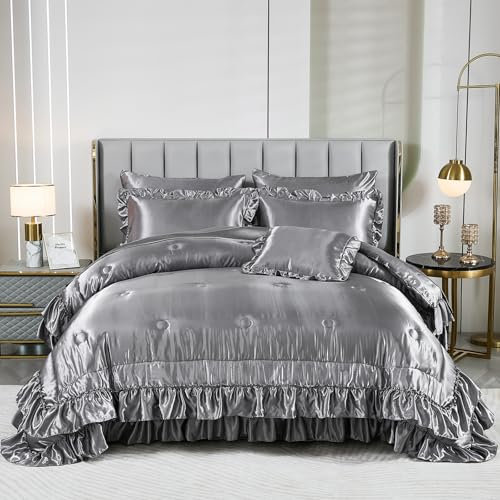 Graues Satin-Bettwäsche-Set für Queensize-Betten mit Laken, seidenähnliches Satin-Rüschen-Bettwäsche-Set, seidig, luxuriös, 8-teilig, 1 Steppdecke, 4 Kissenbezüge, 1 Bettlaken, 1 Spannbetttuch, 1