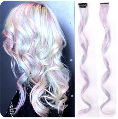 2 x Clip-In Hair Extension Highlights Streaks, Colourful Hair Highlights (Curly Mixed Pastels x 2)