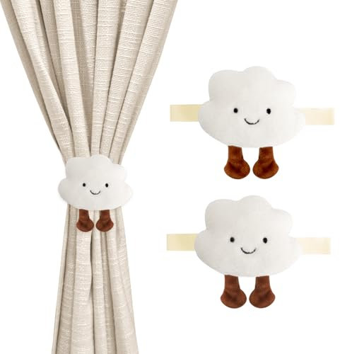 JINGIHE 2 Stück Vorhang Raffhalter, Cartoon Wolken Vorhanghalter, Gardinen Schnalle Haken, Niedliches Gardinenband für Deko Kinderzimmer Mädchen Junge (Weiß)