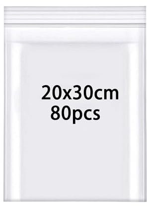 Rshuhx 80pcs Plastic Bags Resealable Clear Grip Seal Bags Heavy Duty Thicken 160μm 20cmX30cm Sealable Bags Suitable for Books Documents Clothes Jackets Shirts Hats Scarves Shoes Travel Storage