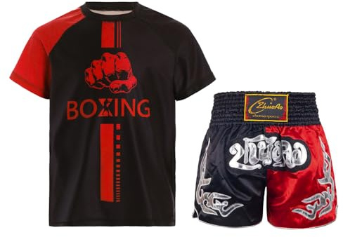 Runhomal Pantalones Cortos para Niños de Boxeo MMA Kickboxing Artes Marciales Entrenamiento Competición Conjunto Deportivo 5-16 Años, negro y rojo, 11-12 Años