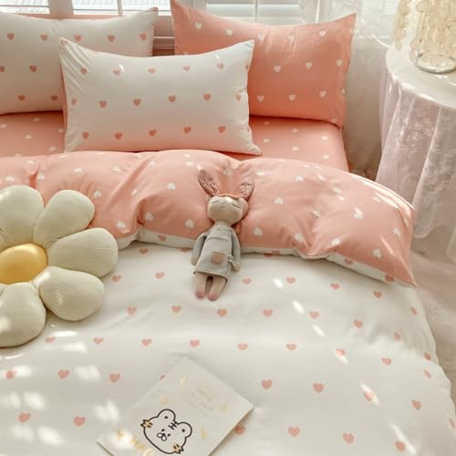 Freyamy Herz Bettwäsche 155x220 Herzen Weiß Rosa Herzchen Bettwäsche Set | Aesthetic Wendebettwäsche, 2teilig Bettwäsche-Sets, Microfaser ÖKO-TEX Bettbezug mit Reißverschluss und 1 Kissenbezug 80x80cm