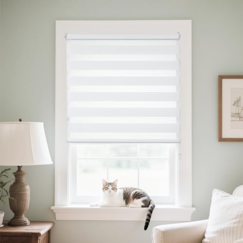 Joydeco Doppelrollo ohne Bohren mit Klemmfix und Anti-Verhedderungszubehör stufenlos verstellbar lichtdurchlässig verdunkelnd Weiß B60 x H120 cm(Stoffbreite 56cm)
