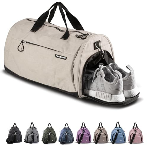 Fitgriff® Sporttasche & Reisetasche für Damen und Herren - mit Schuhfach & Nassfach - Tasche für Sport, Fitness & Reisen - Trainingstasche, Gym Bag (Beige, 58 x 31 x 31 cm (Medium))