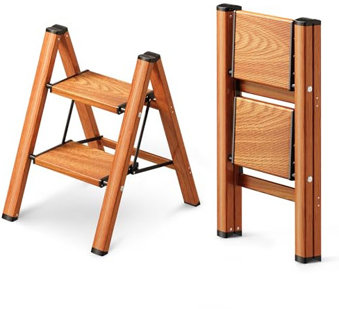 GameGem 2 Stufen Leiter, klappbarer Tritthocker mit breitem Anti-Rutsch-Pedal, leichtes und dennoch stabiles Aluminiummaterial, 150 kg Tragkraft, hübsches, modernes Aussehen für den Innenbereich