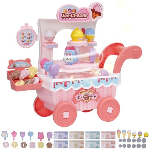 Ice Cream Toys Set Candy Cart 38pcs Rotatable Kids Shopping Trolley Food Grocery Childrens Pretend Play Kitchen Toy with Music and Light Early Educational Toy Gift for Toddler Boys Girls 3+ Pink