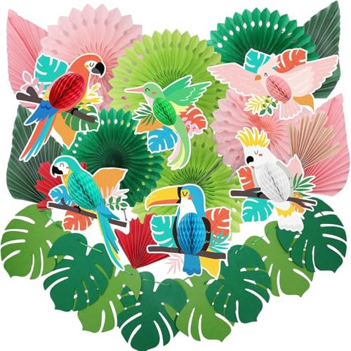 CoKeeSun 21 Stück Hawaii Deko Set, Dschungel Deko Girlande Geburtstag Papier Tropische Palmblätter Tropical Papagei für Sommerdeko, Hawaii Deko, Dschungel Deko