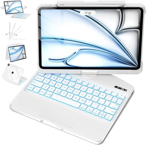 MAYDORHER For iPad13 Inch Air Keyboard Case (M3-2025, M2-2024), Unique Cyberpunk High-tech 360° Rotating Style with Pressure Reduction Sound Effect for iPad Pro 6/5/4/3 12.9, White