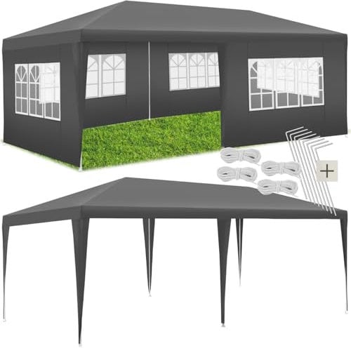 tectake® Pavillon 3x6, mit 5 Pavillon Seitenteile, mit Fenstern, wasserdichte Plane, großes Zelt mit UV-Schutz, Partyzelt, Balkon Sonnenschutz, Überdachung Terrasse, Unterstand - grau