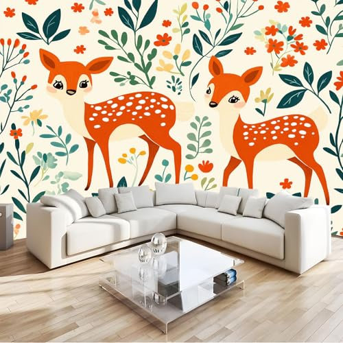 Générique Papier Peint Photo Mural Animaux Cerf Sika Fleurs Plantes 300x210 cm Décoration Murale Moderne Beige, Tapisserie Décorative pour Chambre Salon, Jeunesse Enfants Wallpaper
