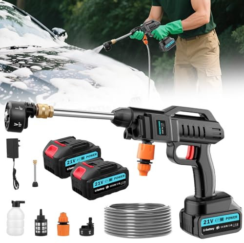 Cordless Pressure Washer, 21V Portable Pressure Washer, 62 Bar/899 PSI High-pressure Washer Battery Handheld Power Washer with 6-in-1 Adjustable Nozzle, 5M Hose, 2 Battery for Car/Floor/Patio Cleaning