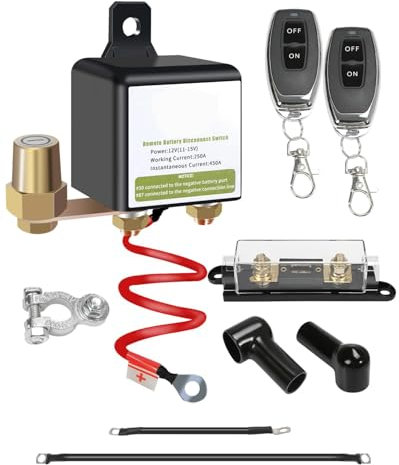 Aputoxz Remote Battery Kill Switch 12V 250A – Car Battery Disconnect Switch, Auto Shut Off Relay, Anti-Theft Isolator with Wireless Remote, Long Negative Wire & 250A Fuse for Car, Truck, RV