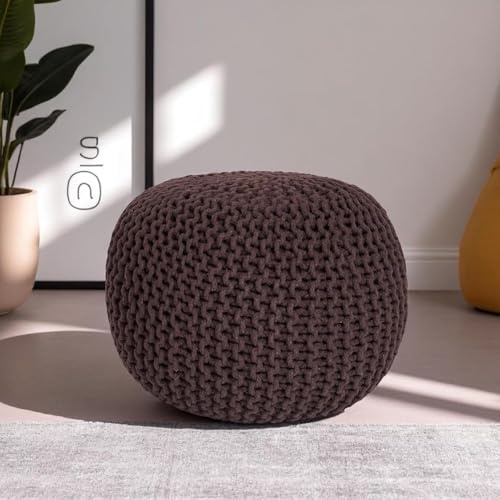CASVO Handmade Large Knitted Pouffe Ottoman 100% Cotton Chunky Couffes for Living Room Versatile for Foot Rest Extra Seating & Home Decor 50cm Foot Stool (Brown)
