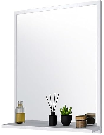FreshYou Badspiegel mit 1 Ablage Badezimmerspiegel Spiegel Regal Wandspiegel Hängespiegel Badmöbel Spiegel Flurspiegel für Schlafzimmer für Badezimmer Weiß 60X70