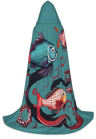 bmnaswt Kapuzenumhang mit Fisch- und Oktopus-Druck, erhöhen Sie Ihren festlichen Look, große Kapuze und Fliege, für Halloween/Cosplay