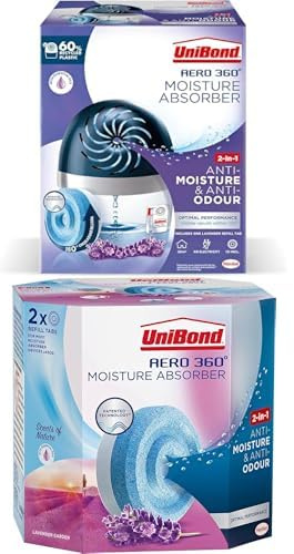BUNDLE of Lavender UniBond AERO 360º Moisture Absorber, 1 Device and 1 Refill tab + UniBond Aero 360 LAVENDER Refill (2 Pack), Ultra-Absorbent Dehumidifier, Helps to Prevent Condensation, Recyclable