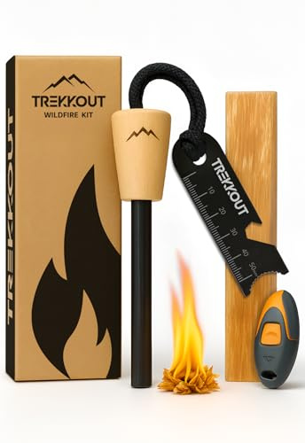 TREKKOUT Survival Flint and Steel Ferro Rod | Fire starter 10mm Ferrocerium Rod Light 20,000+ Fires | Firelighter Pine Tinder | 6in1 Scraper | Survial Kit Firestarter Steel for Camping Bushcraft