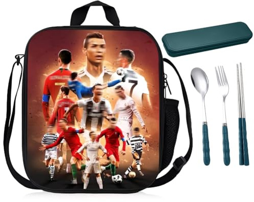 PyrrlicToy Bolsas de Almuerzo Aisladas de Estrellas de Fútbol,Bolsas de Almuerzo CR-7,Juegos de Palillos, Cuchillos y Tenedores,Bolsos de Almuerzo Portátiles Reutilizables a Prueba de Fugas de Calor