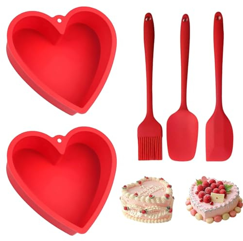 Rthynti Heart Shaped Cake Tin, 2Pcs Silicone Love Baking Tin, 8 Inch Reusable Nonstick Cake Baking Pan for Muffins Puddings Bread