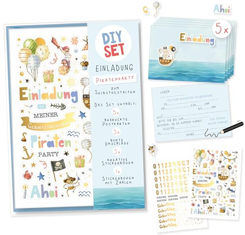 Einladungskarten Kindergeburtstag Pirat | 5 Geburtstagskarten zum Selbstgestalten inkl. Umschläge & Sticker | Geburtstagseinladungen Mädchen Junge | Basteln DIY Kinderparty Einladung Geburtstag