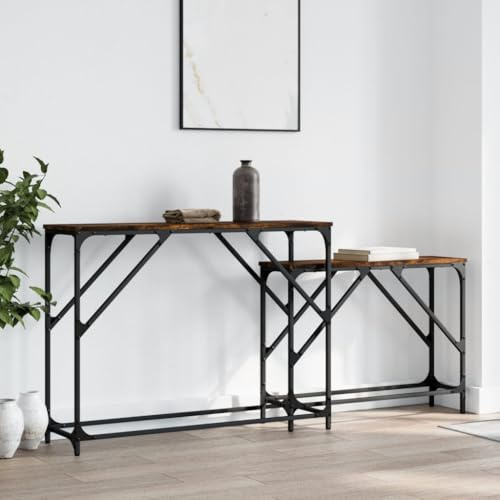 Yisssmeng Lot de 2 tables console en chêne fumé 100 x 28 x 75 cm et 80 x 22 x 60 cm - Paire de tables d'appoint en bois / métal - Moderne, robuste, peu encombrante - Pour salon, couloir, chambre à