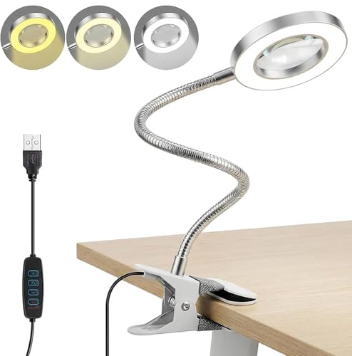 Magnifying Glass with Light and Stand, 10X Magnifiers Lamp with Clamp, 3 Modes Magnifying Glasses for Hobbies, Craft, Reading (Silver)