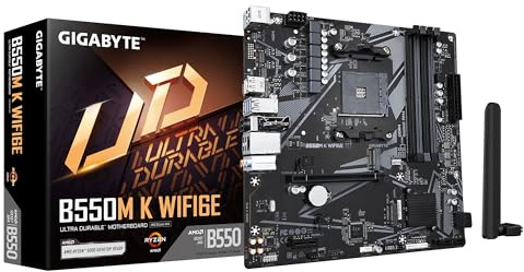 GIGABYTE B550M K WIFI6E Mainboard – AMD Ryzen 5000 CPUs, bis zu 4733 MHz DDR4, 1× PCIe 4.0 + 1× PCIe 3.0 M.2, Wi-Fi 6E, 1-GbE-LAN, USB 3.2 Gen 1