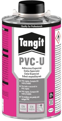 Tangit PVC-U Pegamento para Tuberías con Pincel, Transparente, Lata, 1 kg | Para Tuberías, Planchas y Perfiles PVC Rígido, Antifugas, Conforme ES 14814/14680, Uso en Saneamiento, Riego y Construcción