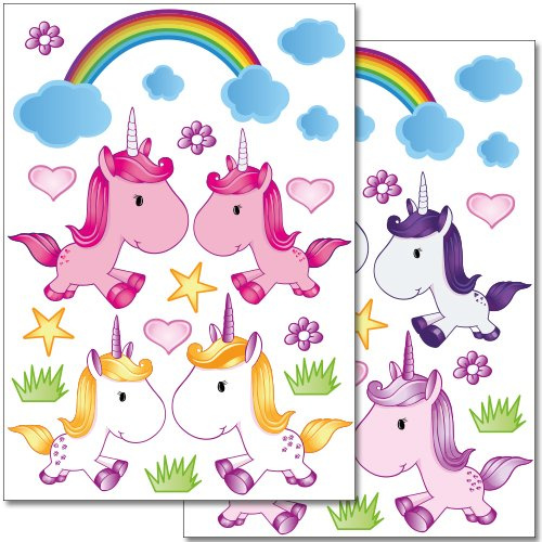 Wandkings Einhörner Wandsticker Set, 38 Aufkleber, 2 DIN A4 Bögen, Gesamtfläche 60 x 20 cm