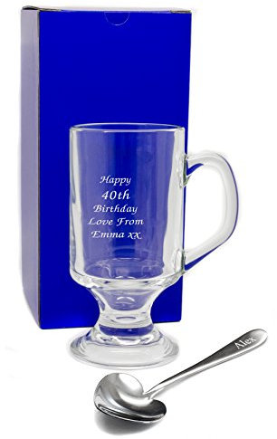 Personalised 10oz (285ml) Footed Coffee Mug Glass & Spoon with Large Handle, Engraved - Enter Your Own Custom Text
