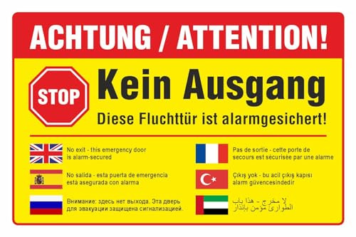 Schild Kein Ausgang Fluchttür alarmgesichert mehrsprachig 300 x 200 mm | 3 mm Alu-Verbund, wetterfester UV-Direktdruck, robust und langlebig, Made in Germany