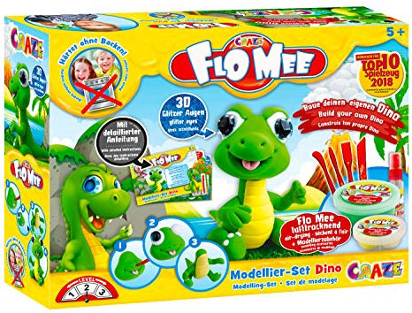 CRAZE FloMee Dino Set Modelliermasse Bastelset für Kinder bunte Kugelknete DIY Dinosaurier Figur zum Selbermachen 13687