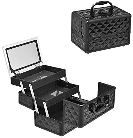 GOPLUS Kosmetikkoffer, Schminkkoffer leer mit Spiegel & 2 ausziehbare Ablagen, Makeup Oragnizer tragbar mit Tragegriff & Verschluss, Beauty Case für Reise, Friseure & Visagisten (Schwarz)